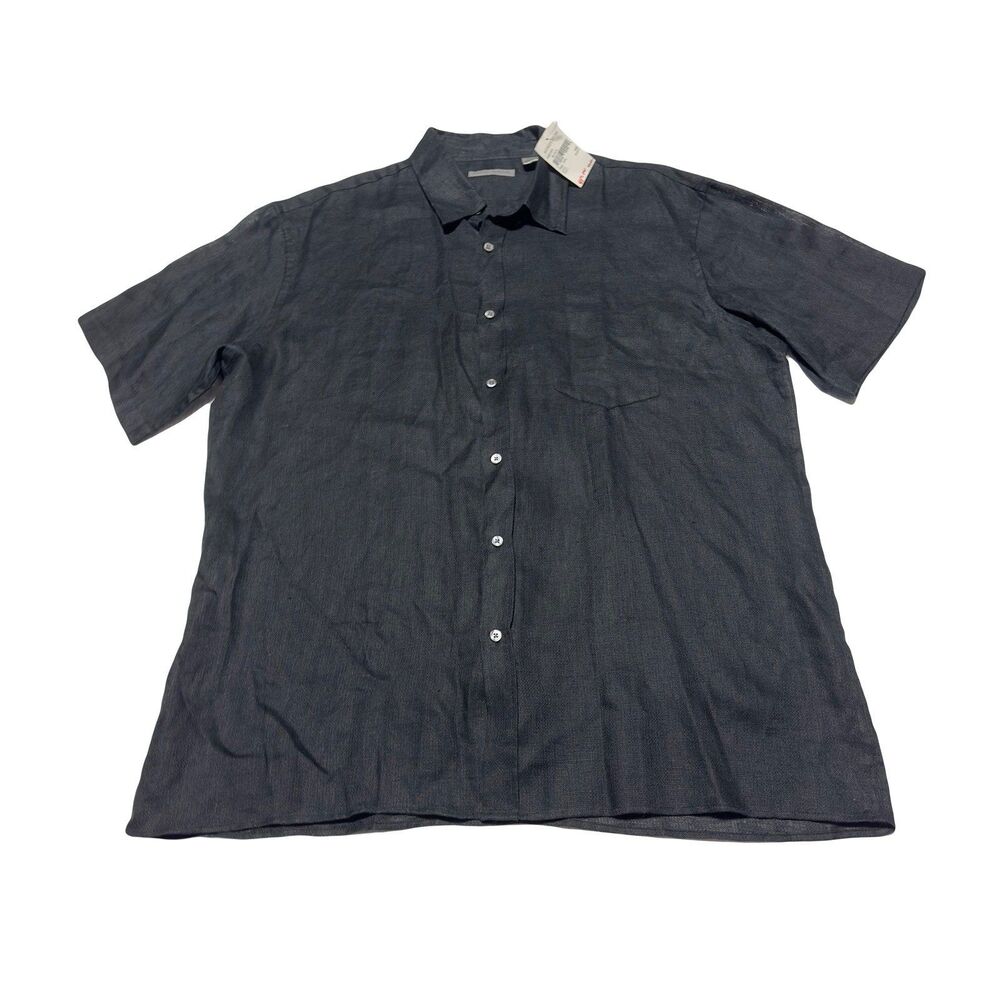 MARTIN GORDON Mens XXL Black 100% Linen Short Sleeve Button Up Shirt NEW